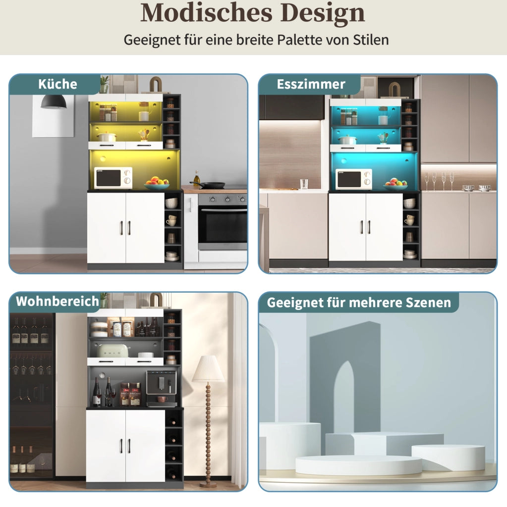 Credenza da cucina con LED, vano microonde e ripiani regolabili