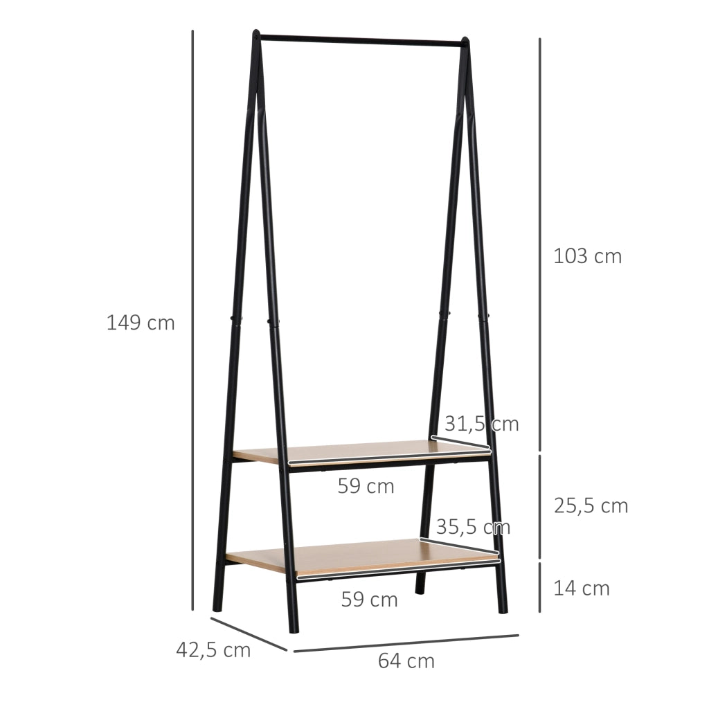 Appendiabiti salvaspazio per casa, triangolare contemporaneo, 2 ripiani MDF legno chiaro acciaio nero, 64L x 43l x 149H cm, robusto