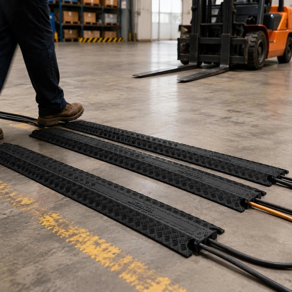 Set Of 3 Single-channel Cable Protection Ramps, Cable Bridges, TPR Hose Bridges, 100 X 13 X 2 Cm, Drive-over Protection, 907 Kg (per Axle) Load Capacity, Anti-slip Design, Ideal For Parking Lots