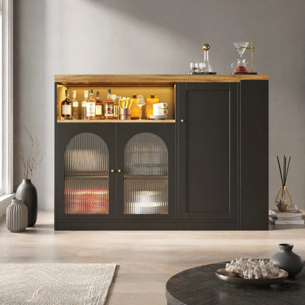 Tavolo alto girevole a 360° con mobile contenitore; ante in vetro Changhong e LED in MDF nero per cucina e soggiorno