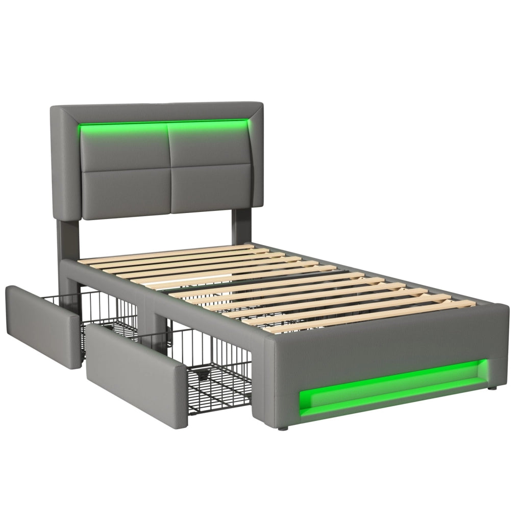 Letto imbottito 90x190 cm con USB; LED e 4 cassetti; PU grigio