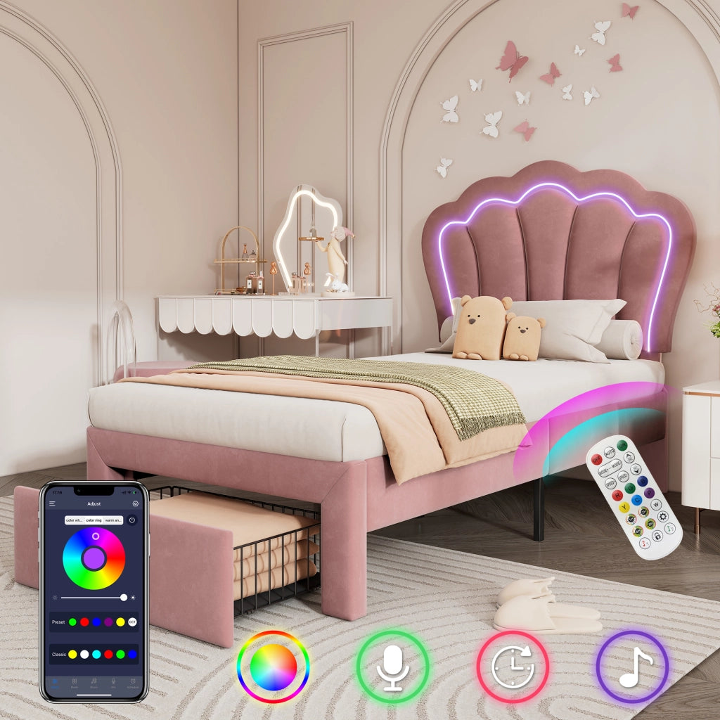Letto Singolo Imbottito con LED e Cassetti ¨C MINIMAL ¨C Velluto Rosa 90x190