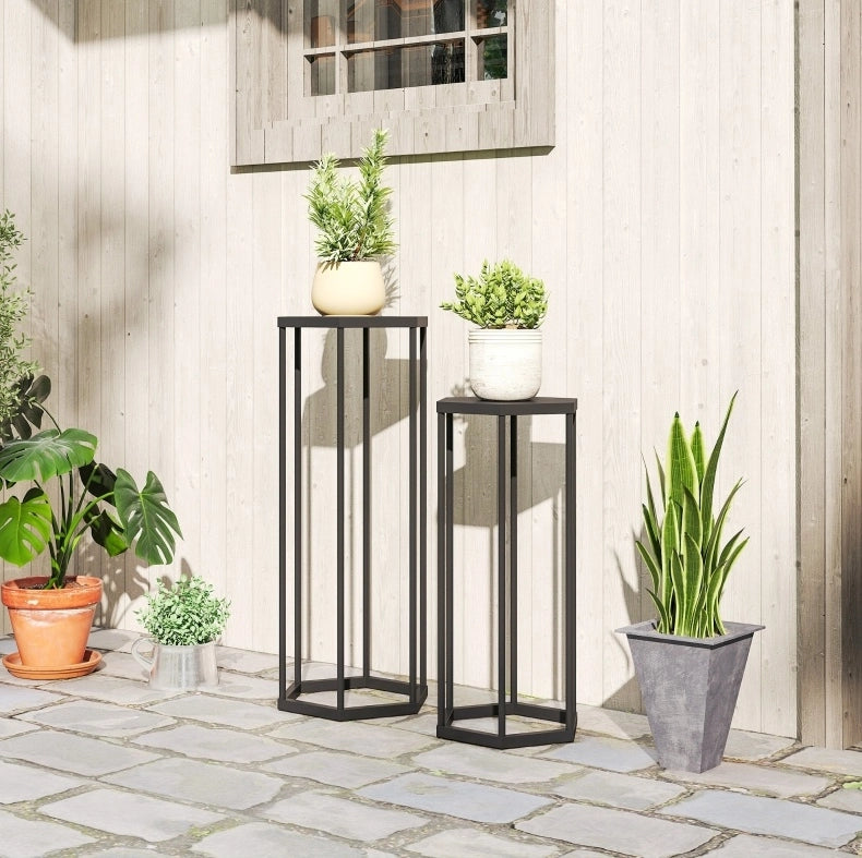 Set di 2 supporti per piante in metallo nero, 75 e 60 cm, interno ed esterno