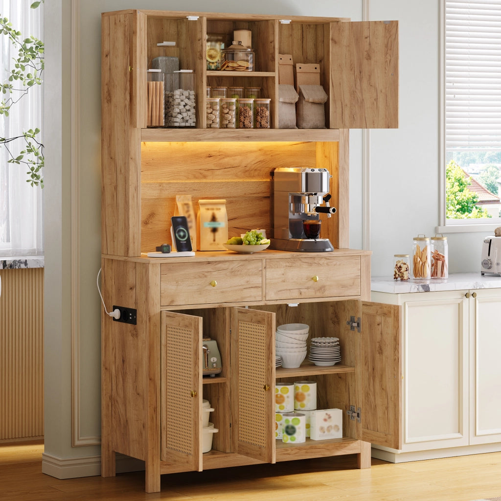 Mobile colonna da cucina con 5 ante in rattan 2 cassetti LED RGB prese e USB in MDF naturale 100 × 40 × 180 cm