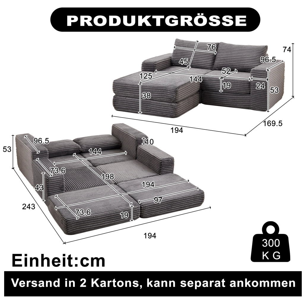 Divano Letto Modulare Convertibile con Pouf Mobile e Braccioli Quadrati in Velluto a Coste Grigio