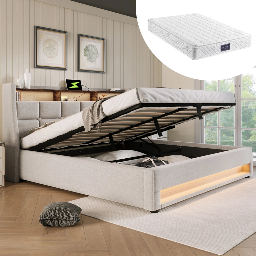 Letto imbottito 140x200 cm con LED, USB e contenitore in lino beige