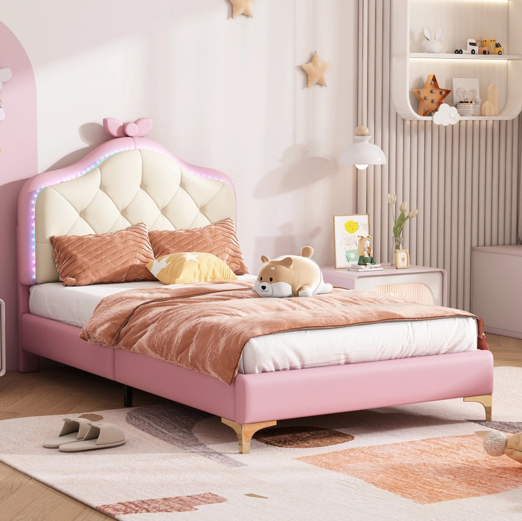 Letto singolo imbottito 90x200 cm con LED multicolore; testiera ondulata in PU rosa e bianco
