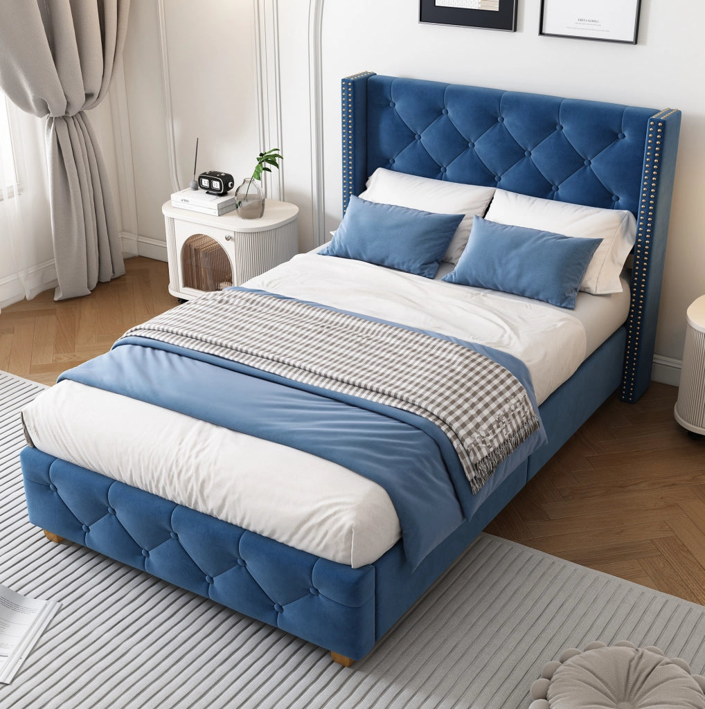 Letto imbottito in velluto blu 90x200 cm con rete a doghe e testiera capitonné