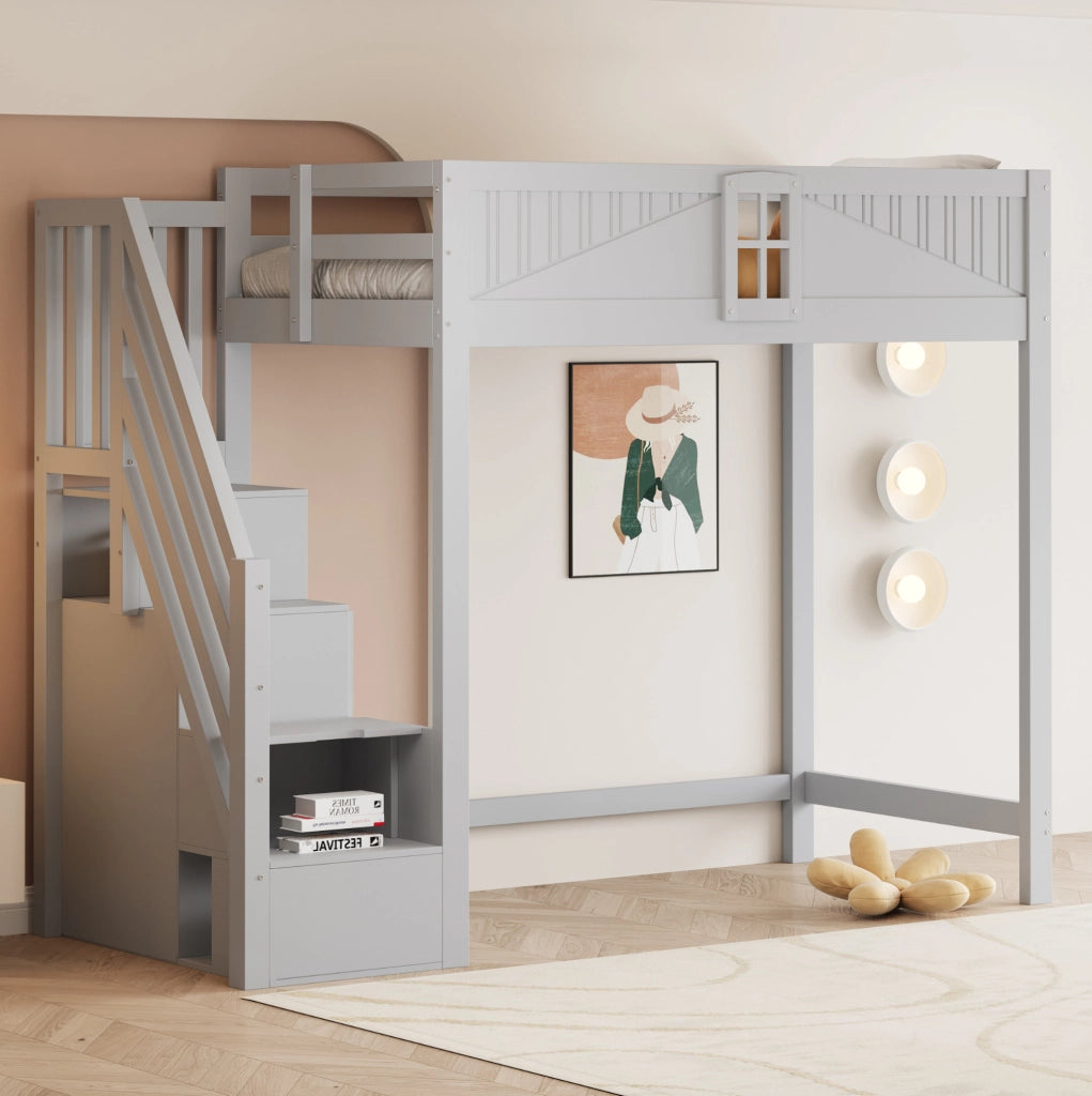 Letto a soppalco 90x200 cm in legno massello grigio