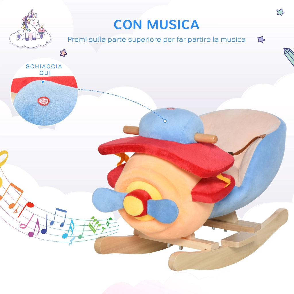 EasyComfort Cavallo a Dondolo a Forma di Aeroplano per Bambini di Età Superiore a 18 Mesi, Cacalluccio a Dondolo con Musica Incorporata in Legno Alamo, Max:60kg 60x33x45cm