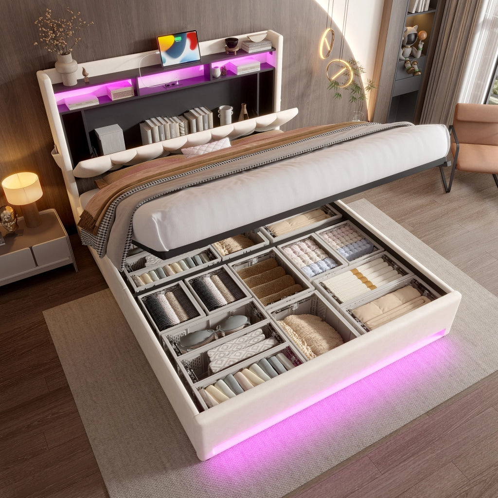 Struttura letto imbottita 160 x 200 cm con LED, USB-C, contenitore sotto il letto e testiera con contenitore idraulico - Beige, senza materasso