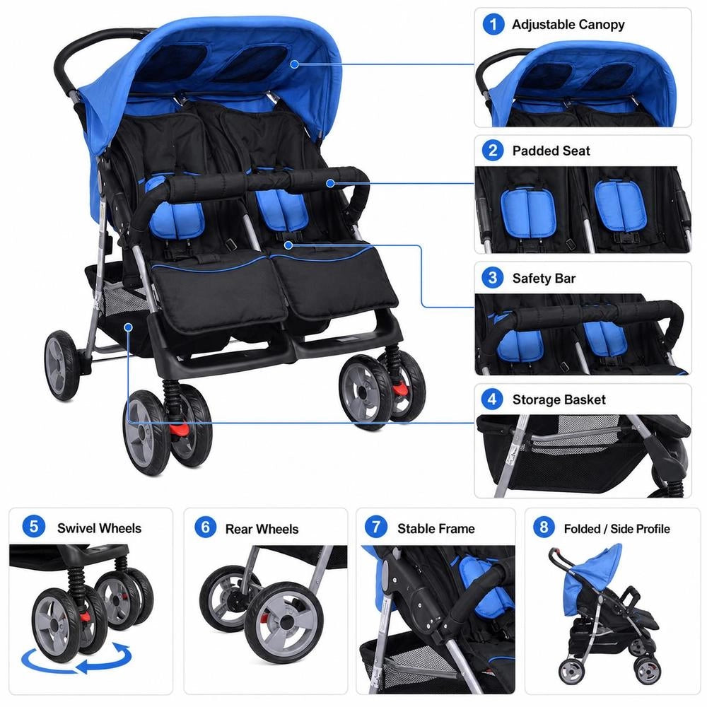 Twin Stroller, Steel, Blue And Black