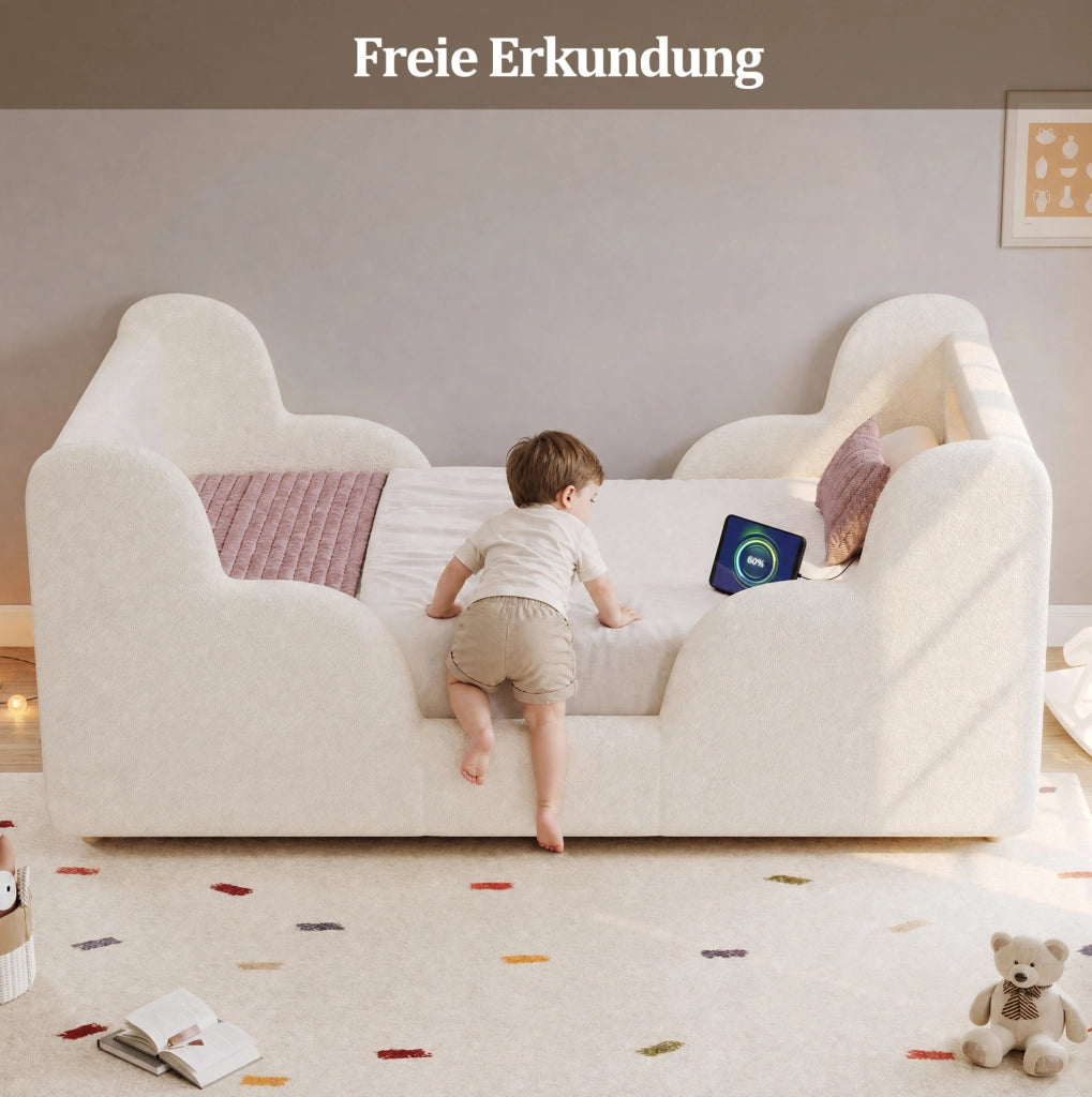 Letto per bambini 90x200 cm Bouclé beige con USB e luce