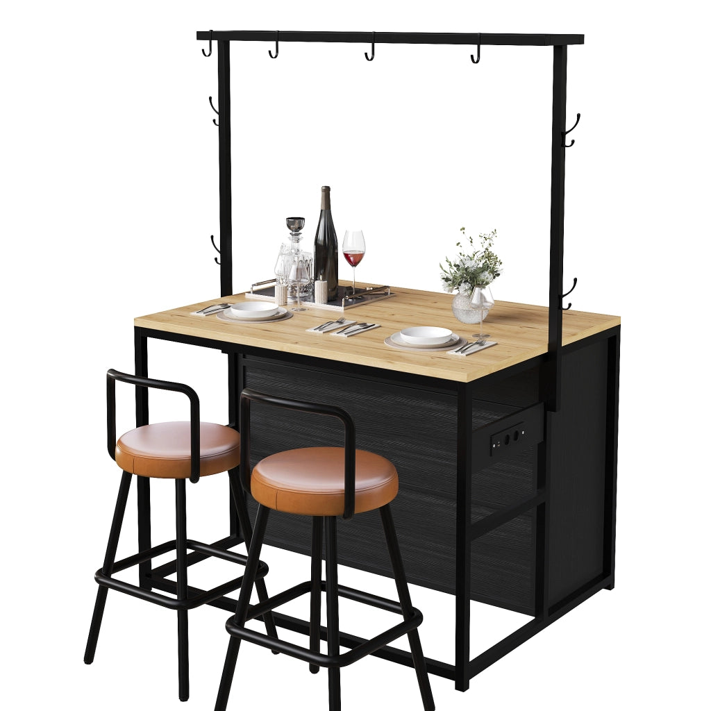 Set tavolo e sedie con isola cucina e 2 sgabelli, prese USB, MDF e metallo nero