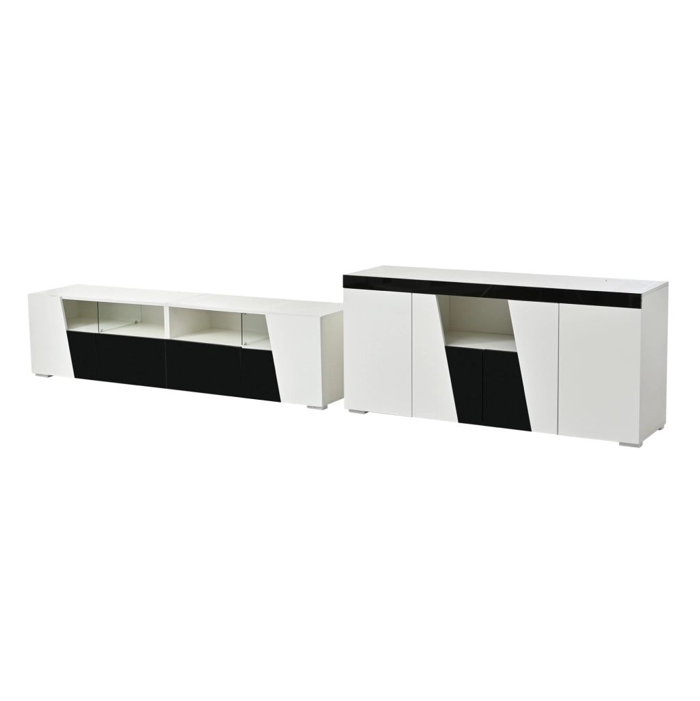 Set mobile TV LED e sideboard; bianco e nero; 180 × 38;5 × 45 cm e 140 × 40 × 65 cm