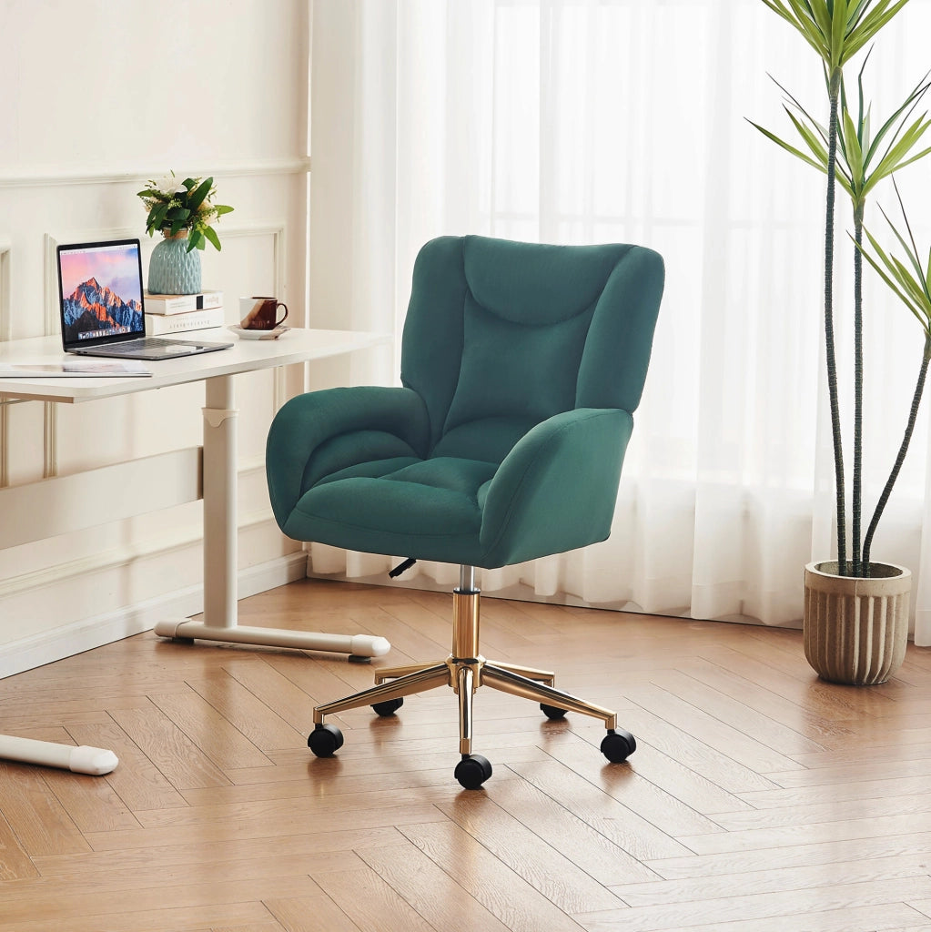 Sedia da ufficio regolabile in velluto verde con base in metallo dorato e ruote 360°