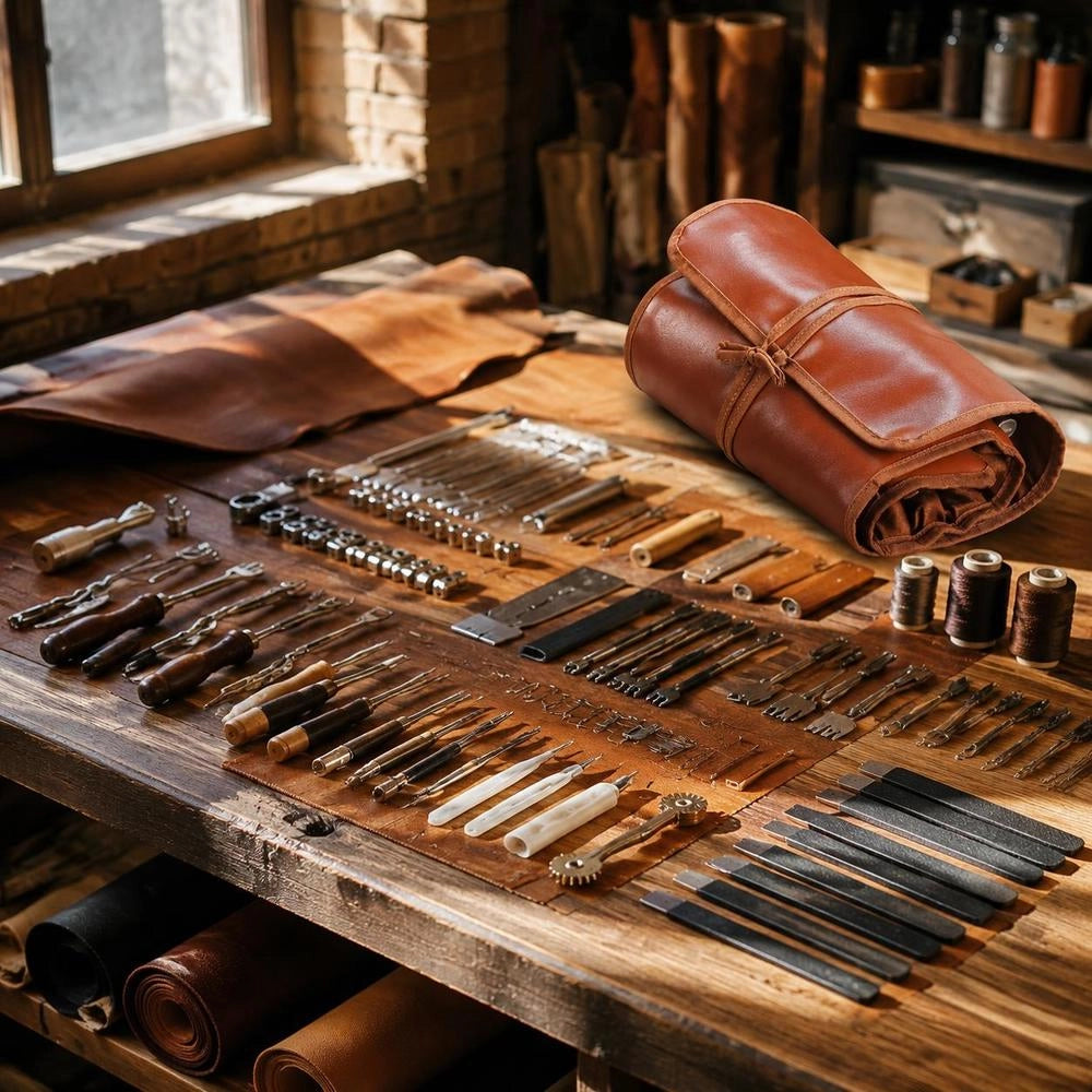 92-piece Leather Craft Tool Set With Portable Canvas Storage Bag. Includes Graphic Tools, Punching Tools, Sewing Tools, And Cutting Tools; Ideal For Beginners, DIY Enthusiasts, And Professionals.