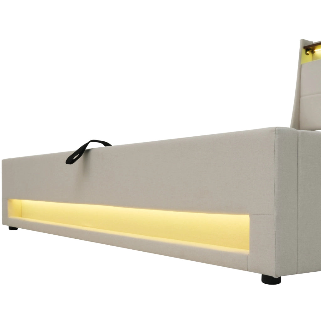 Letto imbottito 140x200 cm con LED, USB e contenitore in lino beige