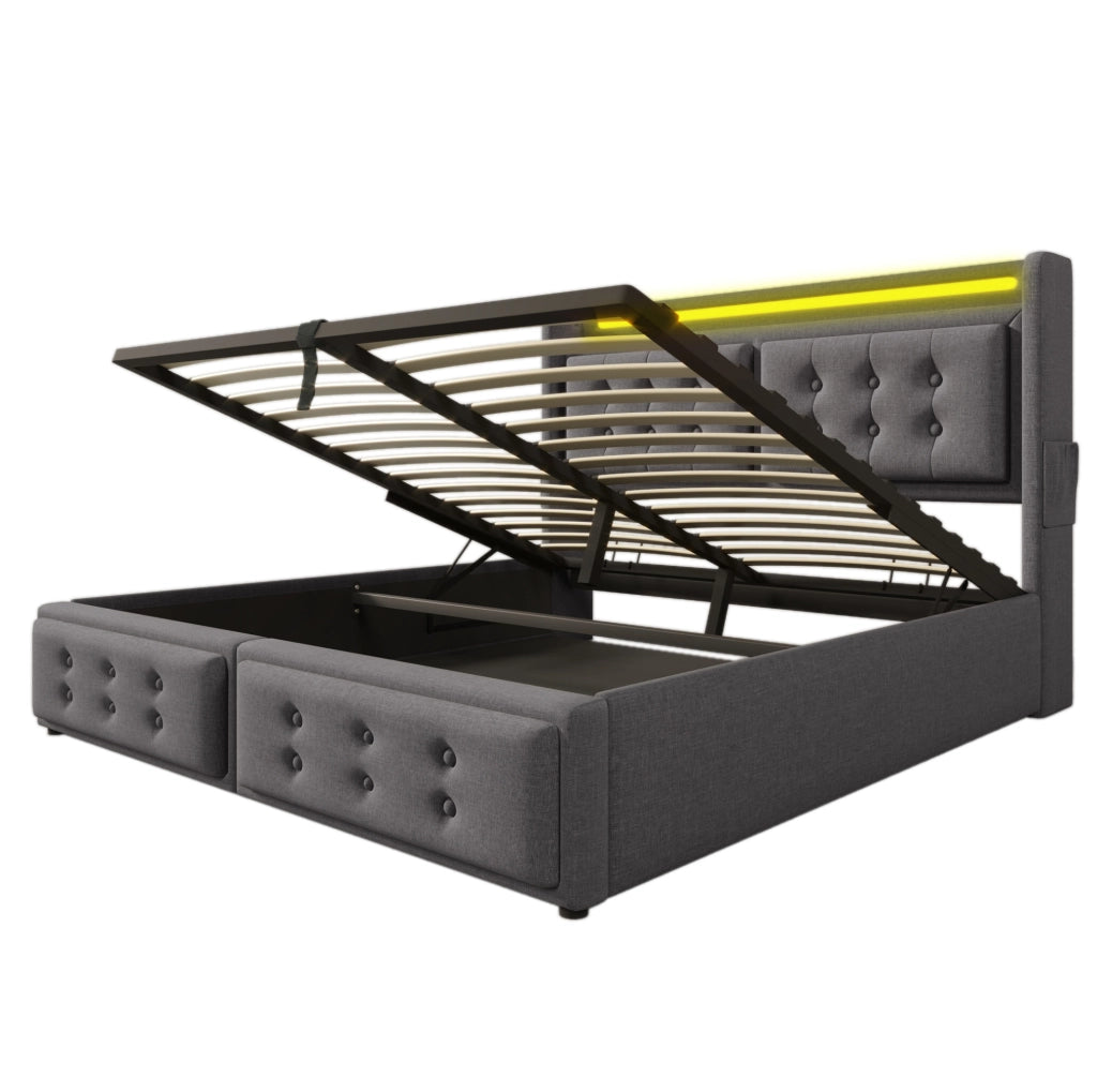 Letto contenitore 140 × 200 cm con LED; prese USB e Type-C; grigio