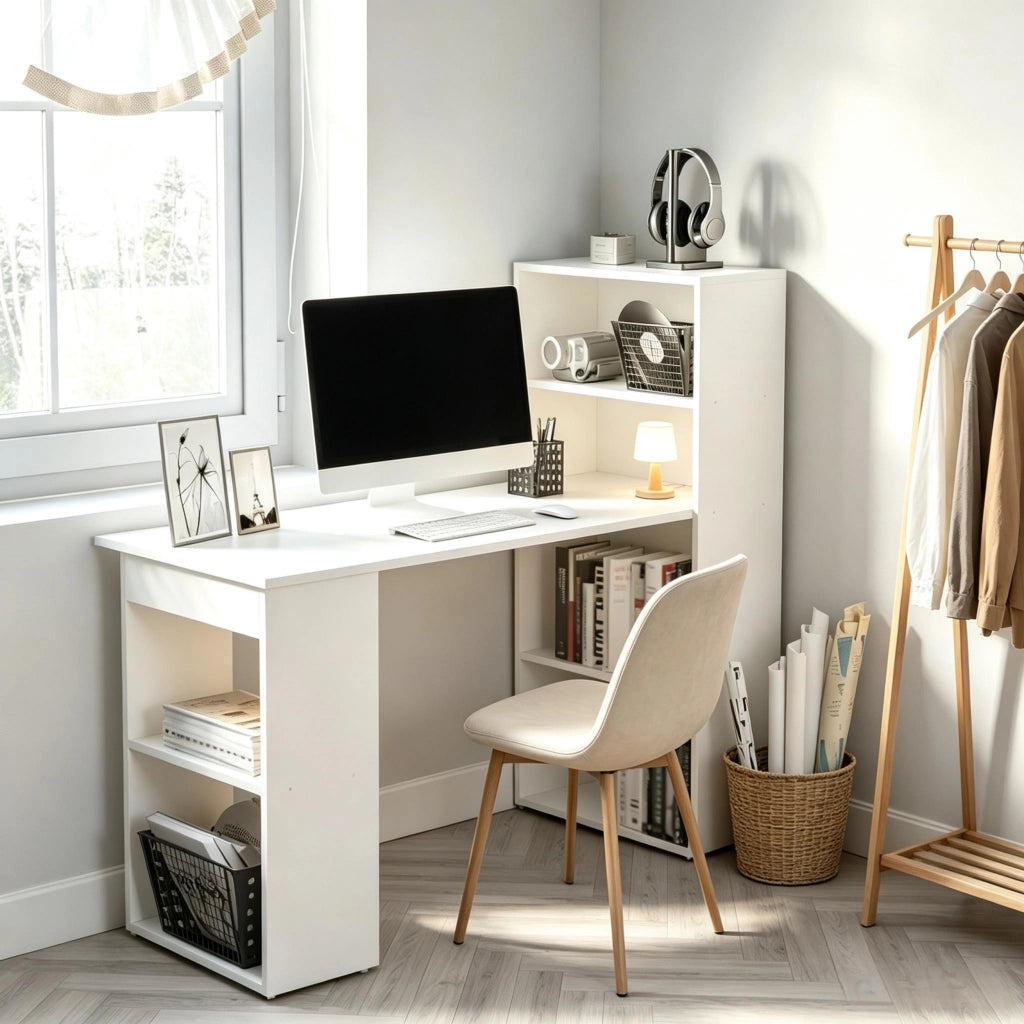 Scrivania con 3 vani e 2 ripiani, per studio, in truciolare, 120x55x120 cm, bianco