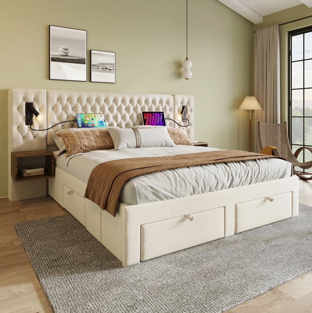 Letto matrimoniale 180x200 cm con comodini, 4 cassetti, luci LED e USB-C beige