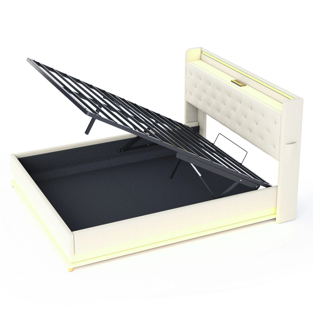 Letto imbottito LED 160x200 cm con USB e contenitore idraulico; beige