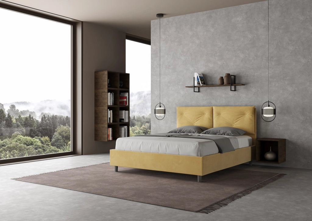 BS COM Letto matrimoniale contenitore doppia alzata imbottito 160x190 microfibra ocra
