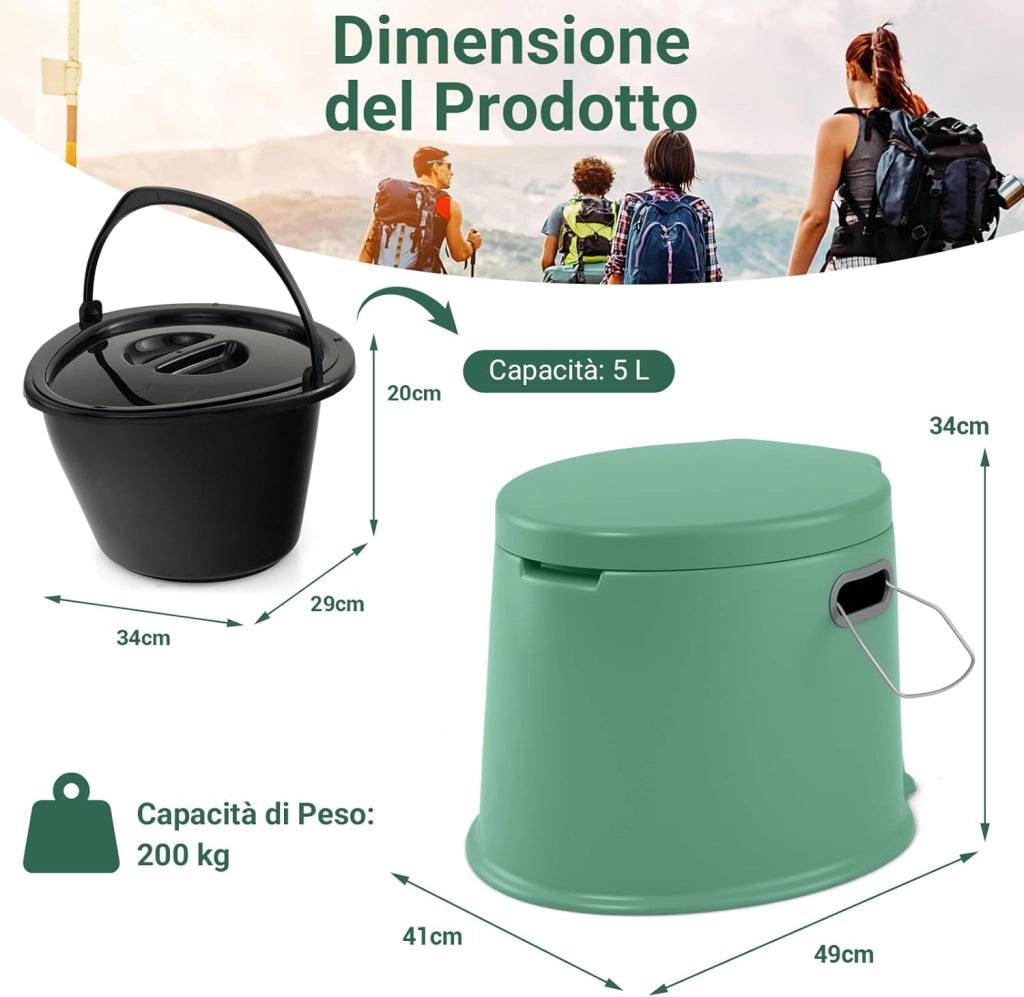 Toilette Portatile WC Chimico, WC da Viaggio Leggero con Secchio Interno Rimovibile,Water Portatile per Adulti e Anziani con Portarotolo, Supporto Carico 200 kg, 41 x 49 x 34 cm
