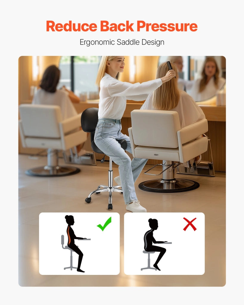 Sgabello da Sella con Ruote e Schienale MST003-4, Sedia Ergonomica Girevole Regolabile in Pelle PU, Portata 204 kg, Nero