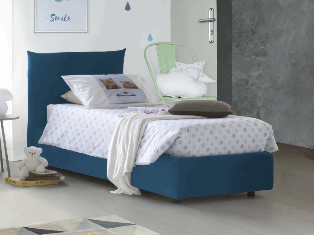 Letto singolo Alisech, Letto contenitore con rivestimento in tessuto, Made in Italy, Apertura laterale, adatto per materasso cm 80x190, Blu