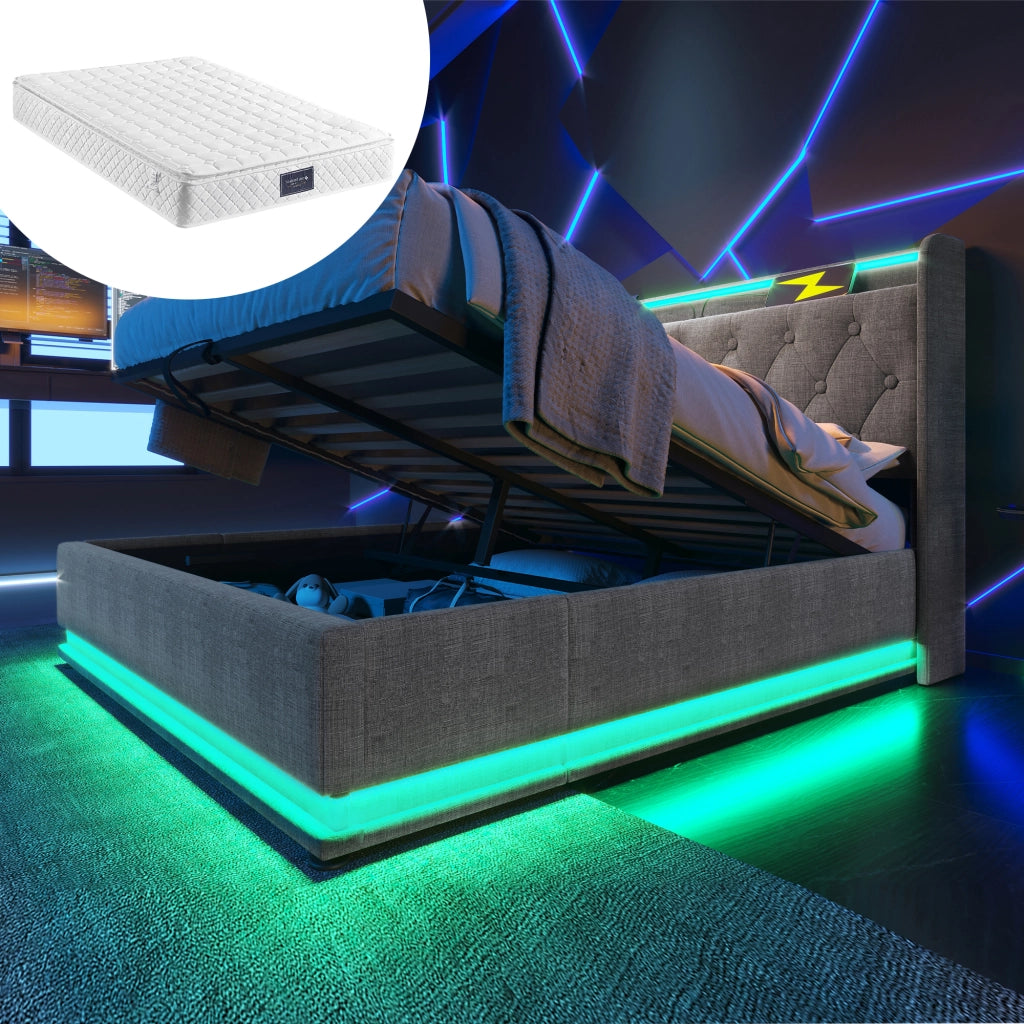 Letto contenitore matrimoniale 140x200 grigio con LED