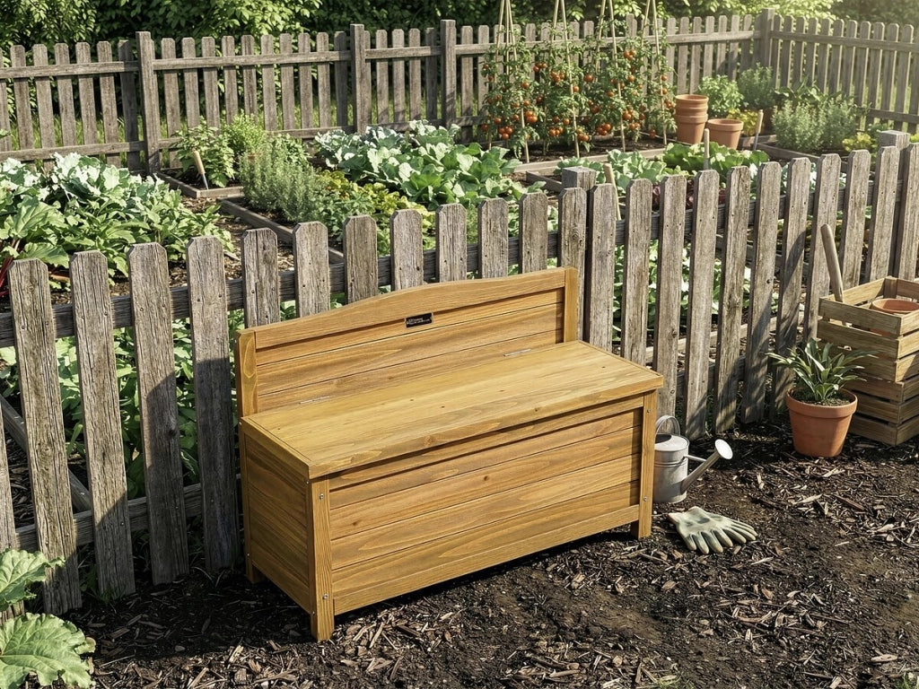 Panchina da giardino con contenitore in legno "Ben" - 90 x 33 x 60 cm - Marrone