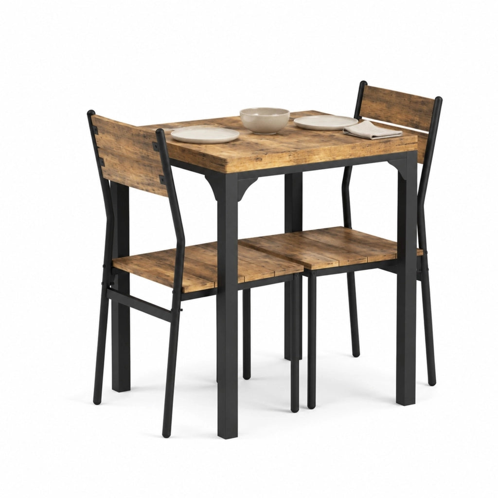 Set pranzo 3 pezzi marrone rustico con 1 tavolo e 2 sedie in MDF e metallo