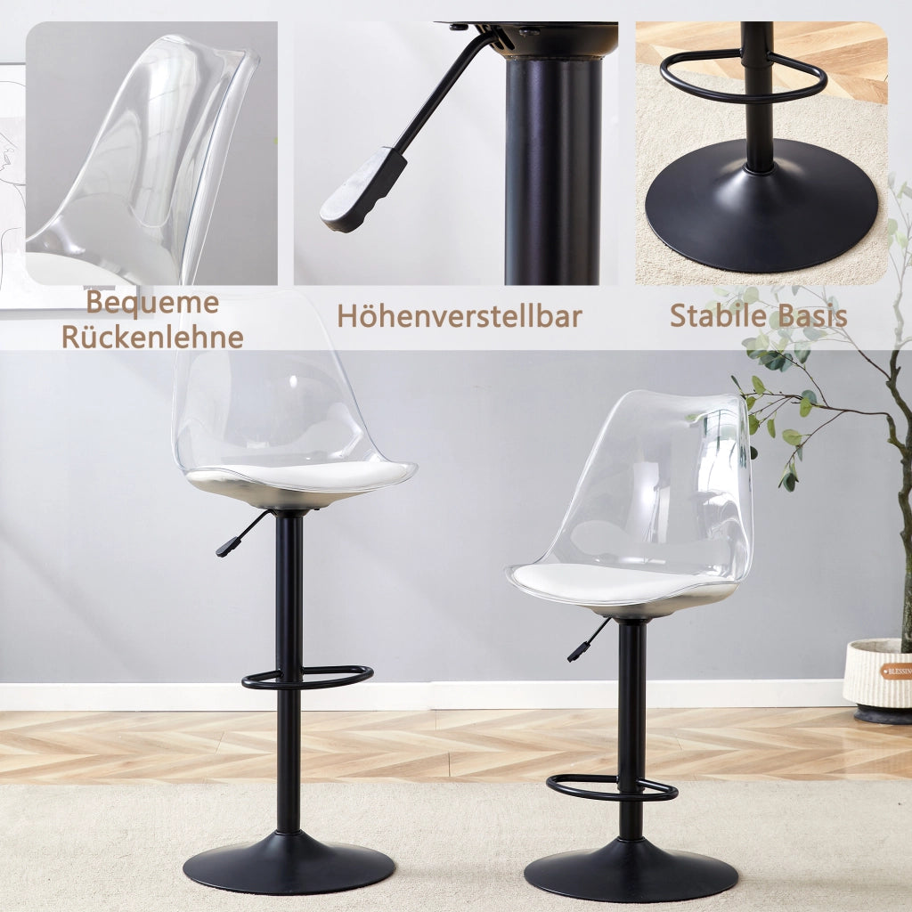Sgabello da bar trasparente 2 pezzi con altezza regolabile e rotazione 360° in metallo e plastica nera