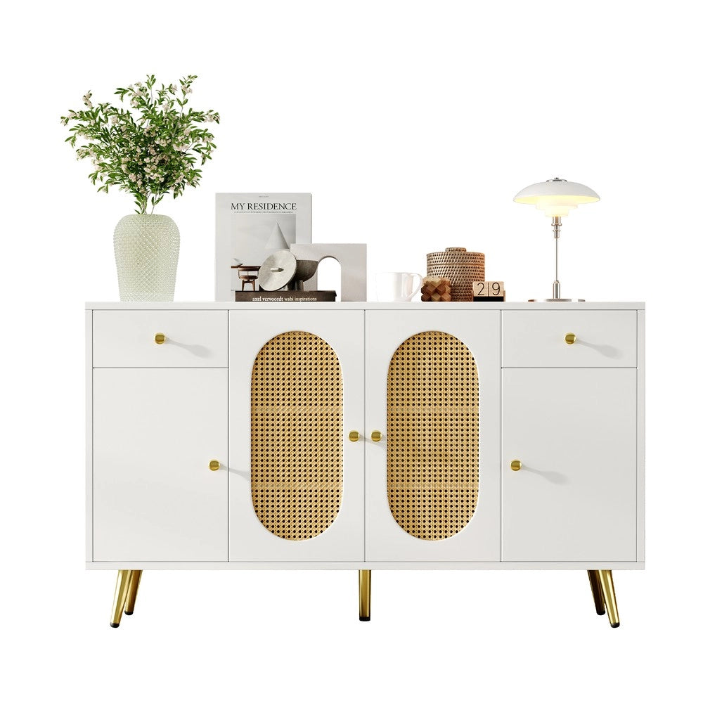 Cassettiera con 2 cassetti e 4 ante ¨C Minimal ¨C bianco legno naturale 140x35x82 cm per soggiorno cucina