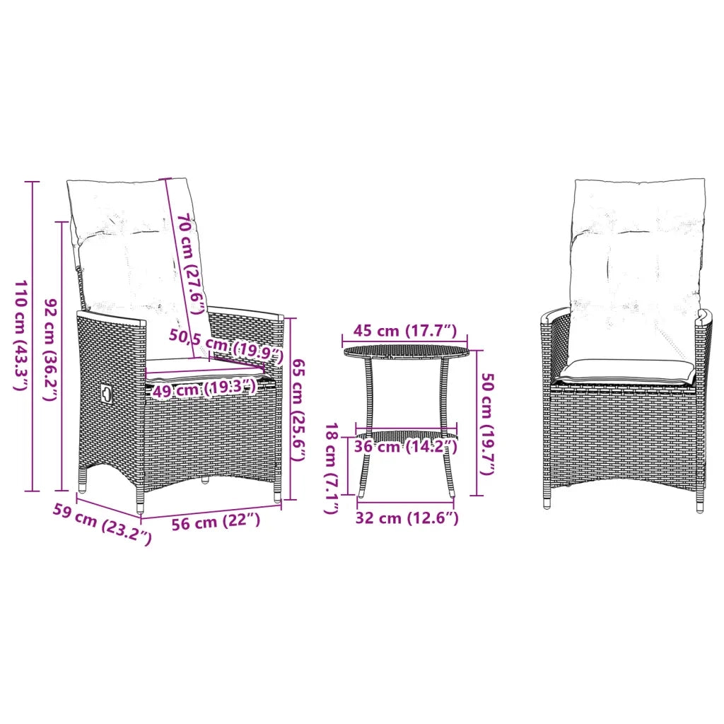 Set da Bistr¨° 3 pz | Set Salotto da Giardino con Cuscini Grigio in Polyrattan