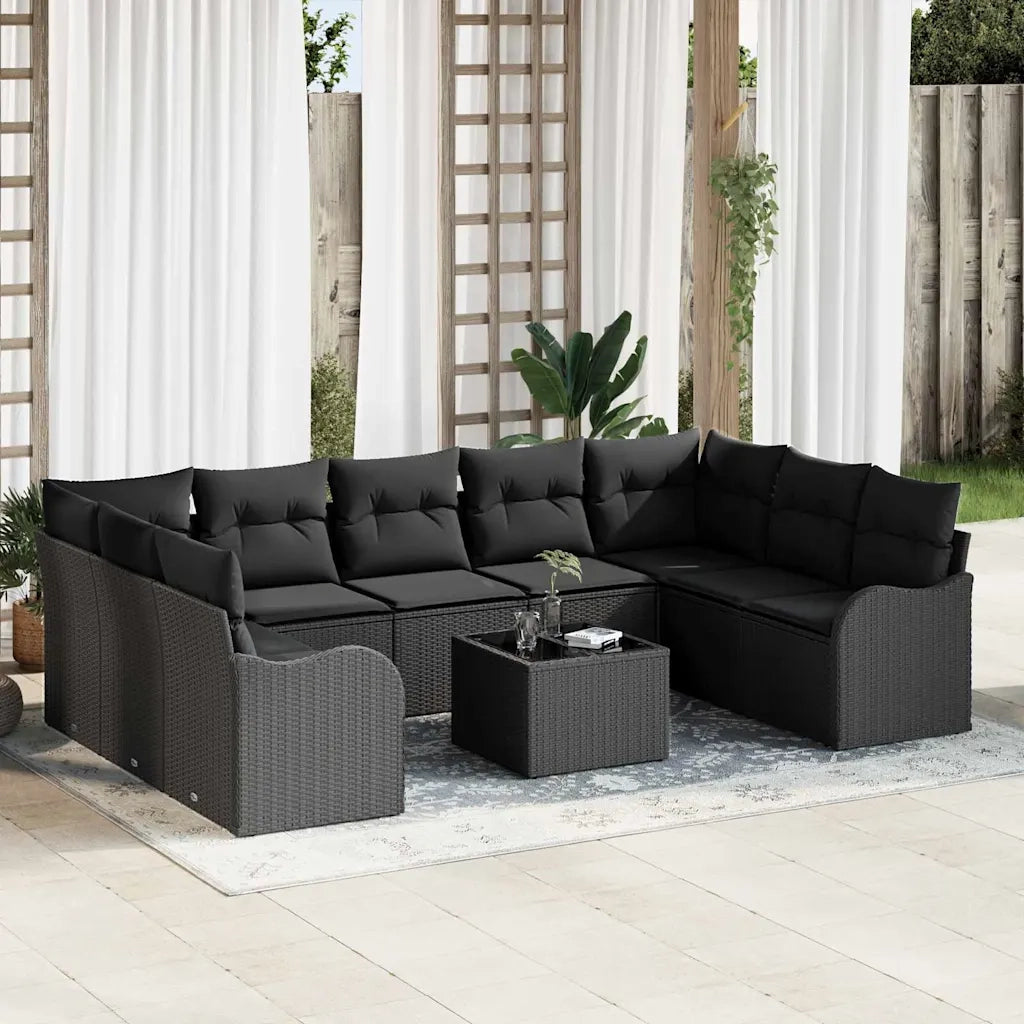 Set Divano da Giardino con cuscino 10 pcs Nero Poly Rattan