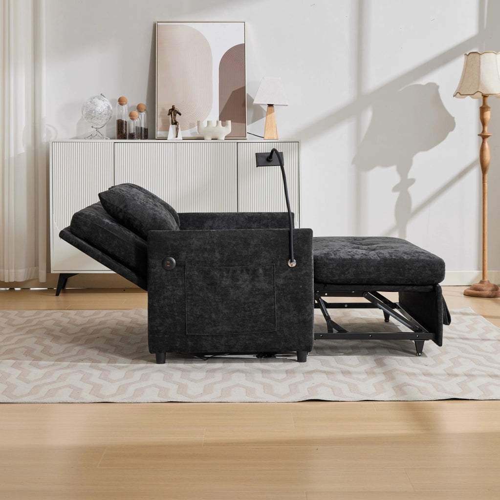 Divano imbottito ULEVR 109x72x83,5 cm con porta USB e supporto per tablet, tessuto nero