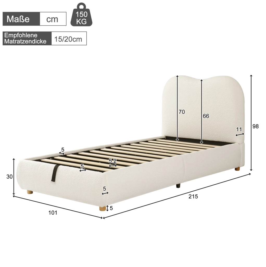 Letto per bambini imbottito con vano contenitore e rete a doghe; tessuto bouclé beige