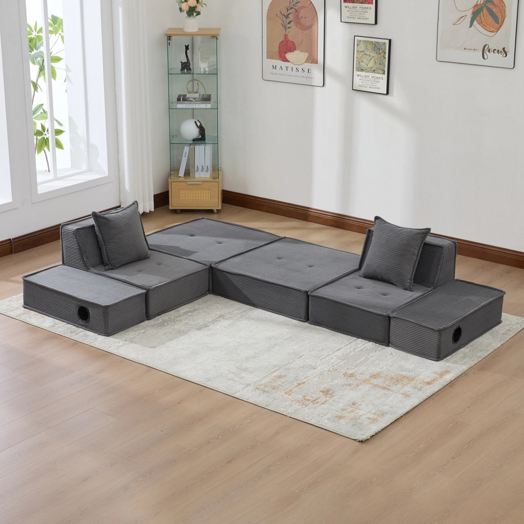 Divano a 2 posti modulare in velluto a coste grigio scuro con tasche laterali e 2 cuscini 162 × 78 × 66 cm