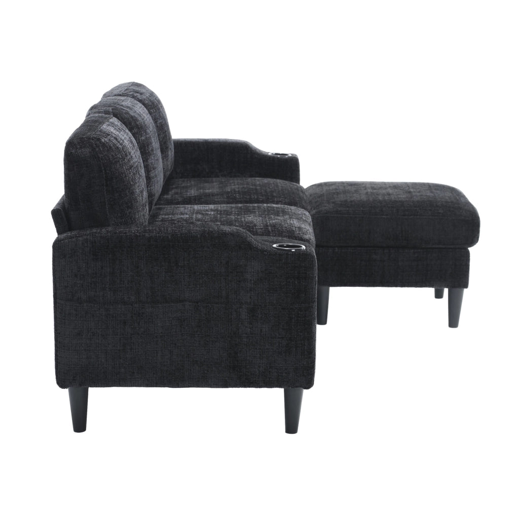 Divano 4 posti con pouf contenitore; portabicchieri e tasche laterali; chenille nero