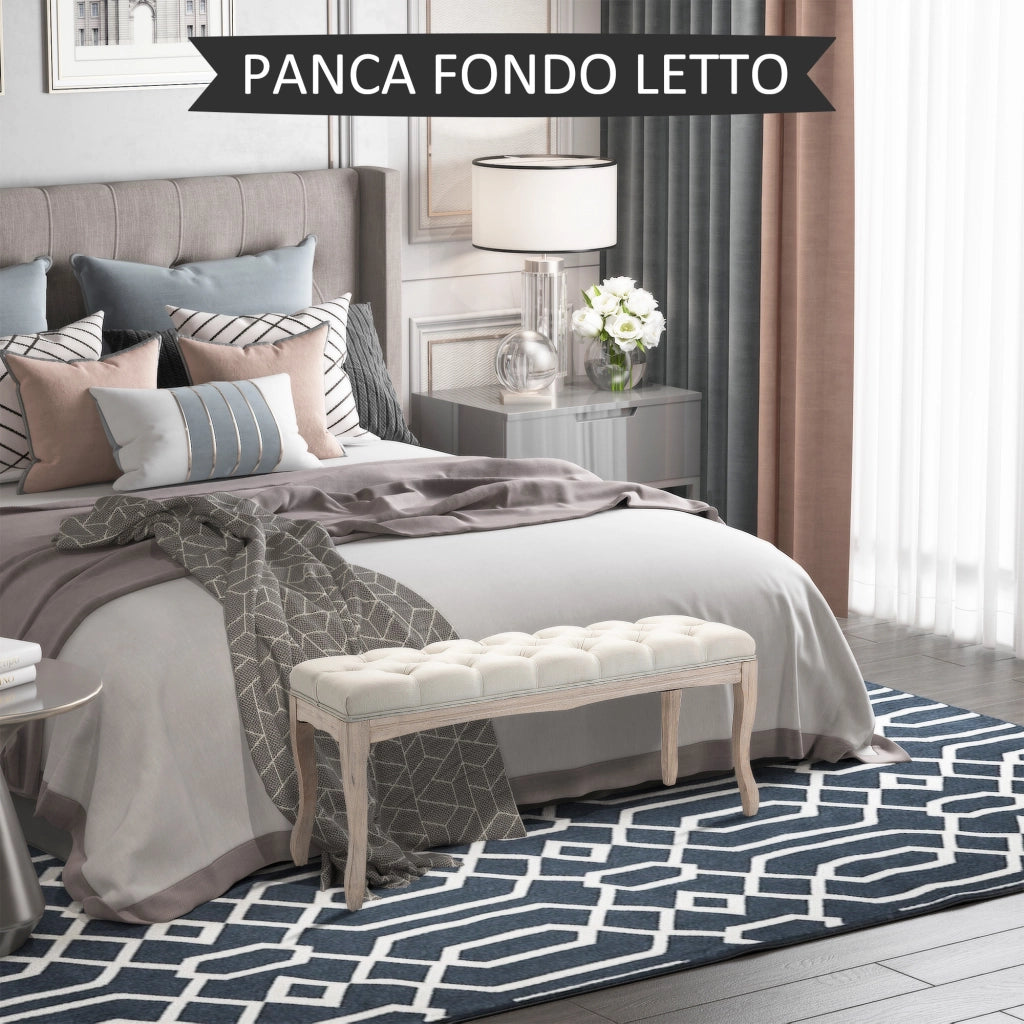 Panca Fondoletto Vintage con Seduta Imbottita in Tessuto e Gambe in Legno, 110x40x48cm, Beige