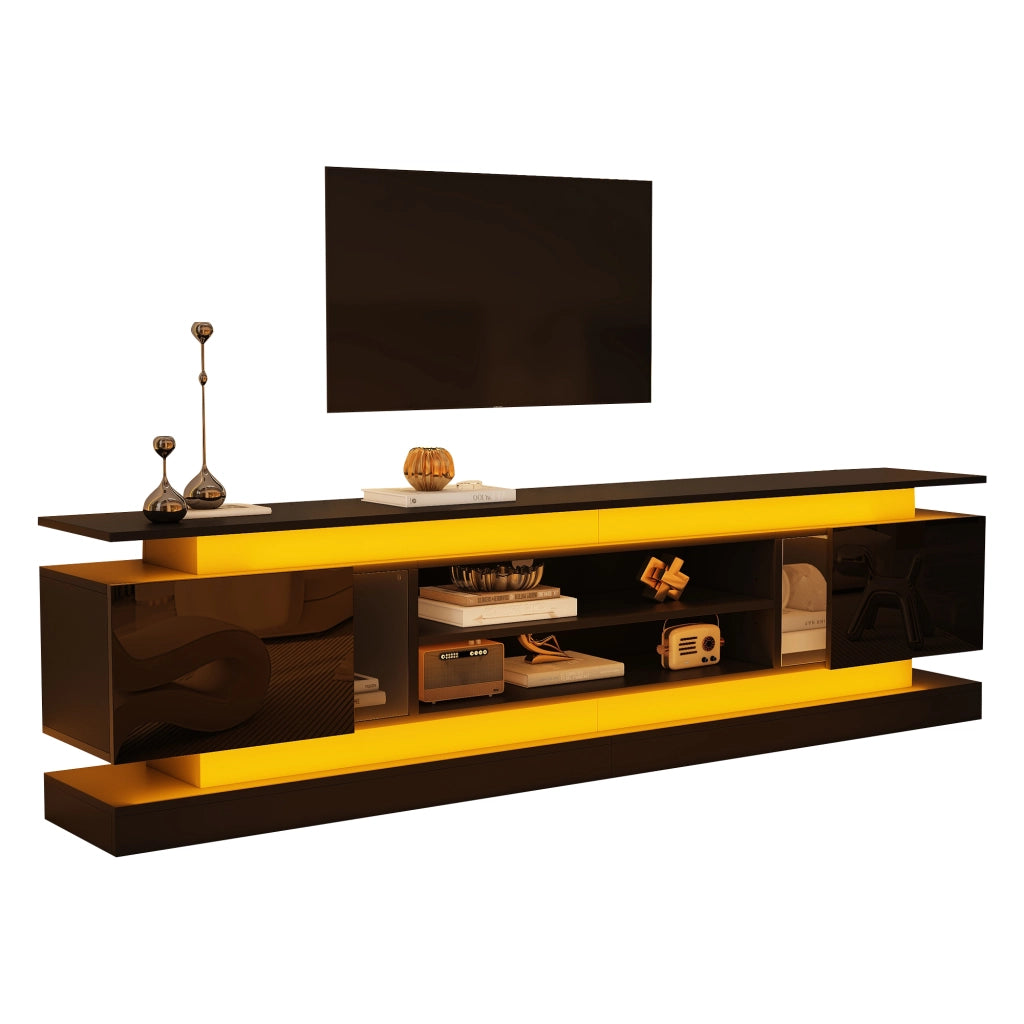 Mobile TV 180 × 35 × 60 cm con 2 ante push to open e LED RGB Bluetooth in MDF nero lucido
