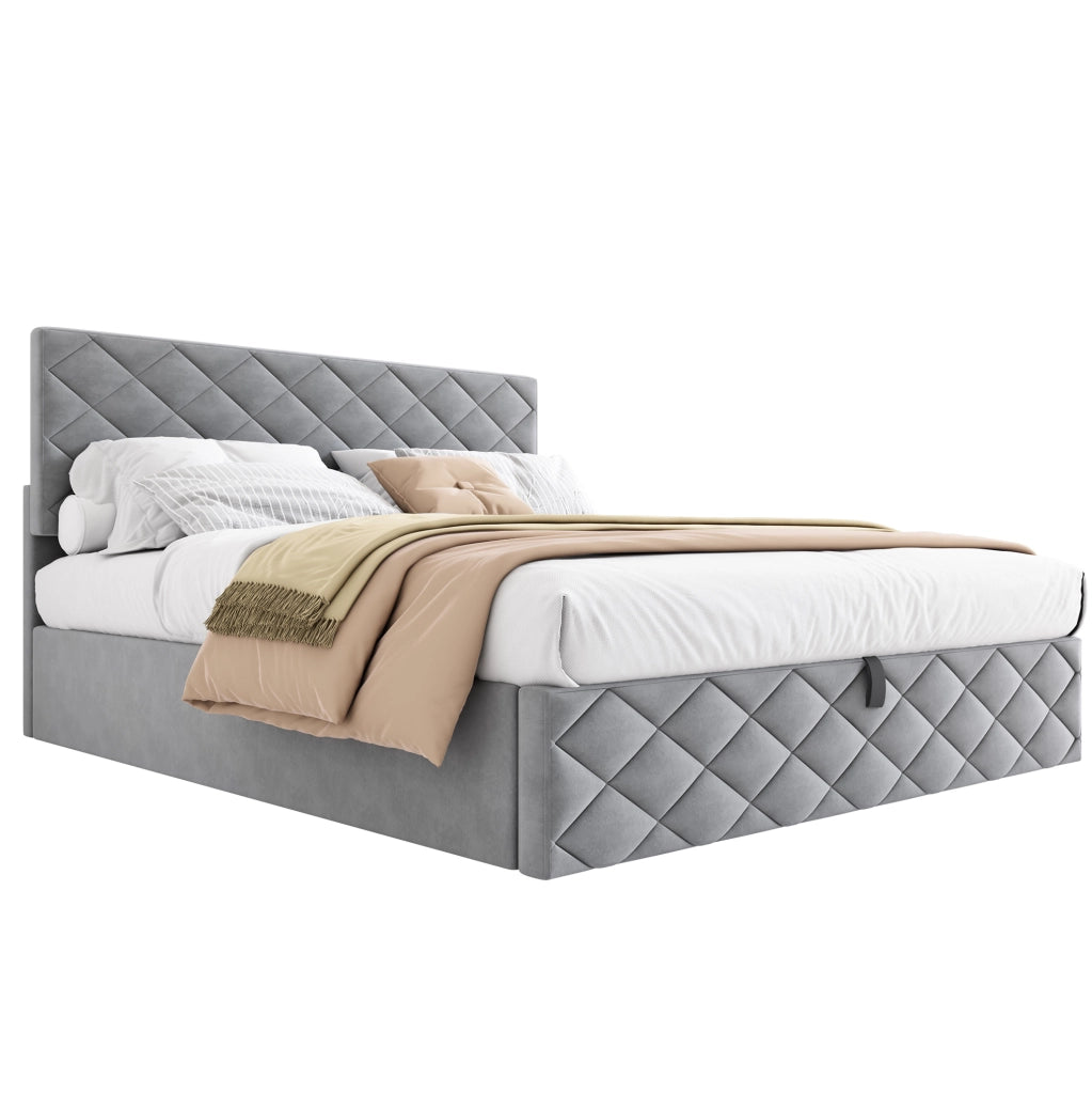 Letto contenitore idraulico 140 × 200 cm con rete a doghe; velluto grigio