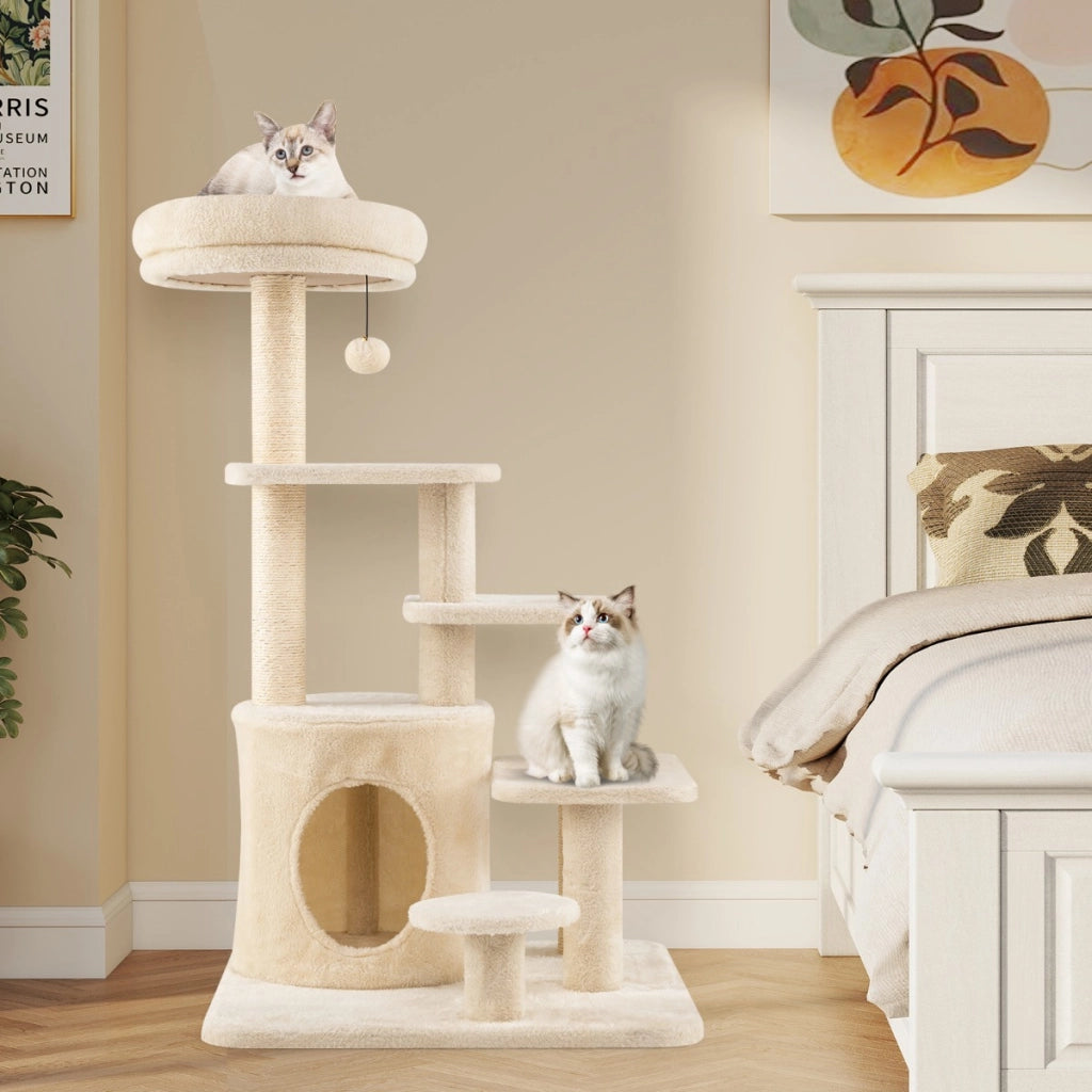 Albero per gatti per saltare con posatoio pallina con campanellino pendente, Albero per gatti adulti da 102 cm Beige-Alberi Tiragraffi