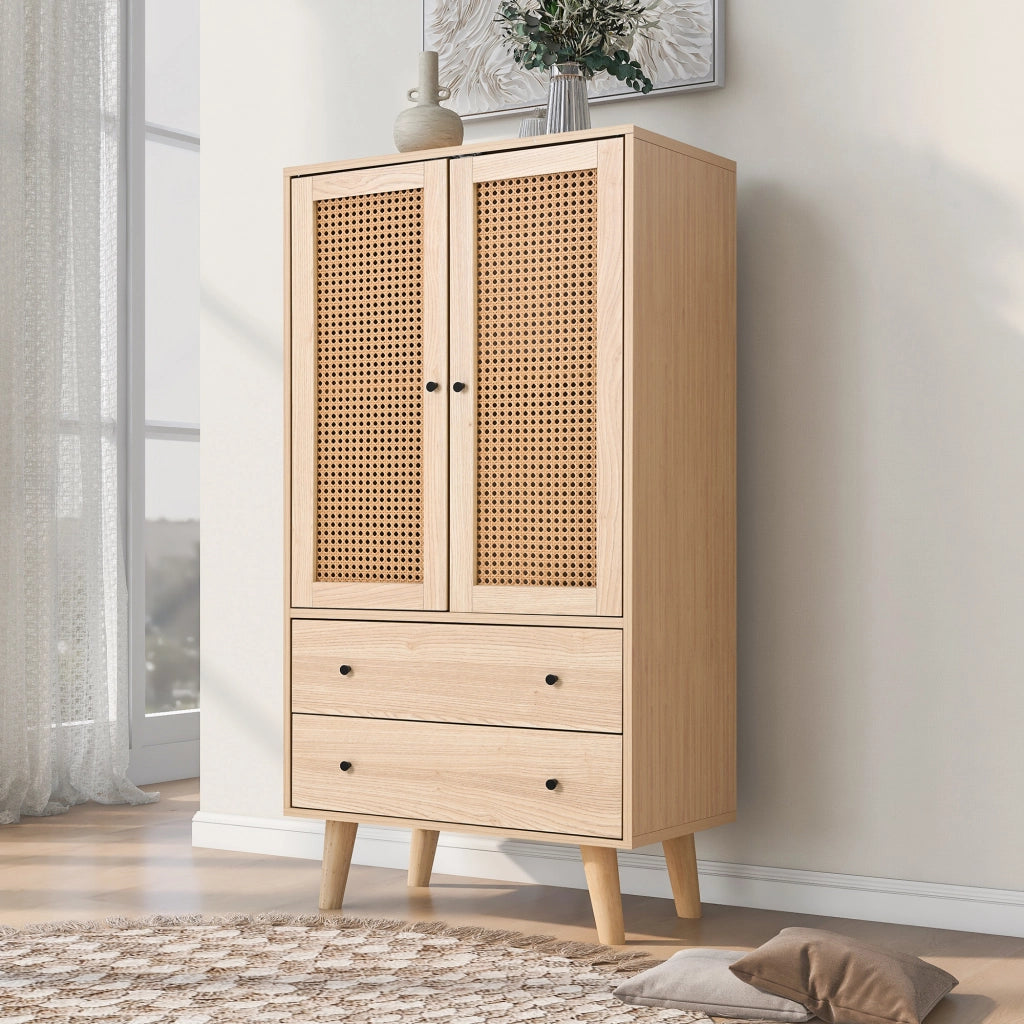 Madia con 2 ante e 2 cassetti in pannello truciolare effetto rovere con inserti in rattan PE 60 × 40 × 120 cm