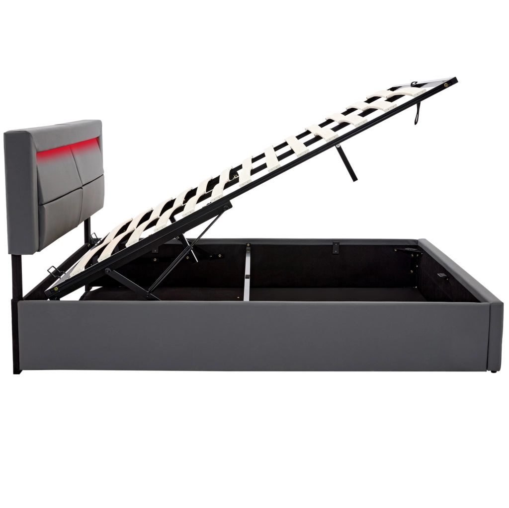Letto imbottito grigio 140 x 190 cm con USB, LED e contenitore