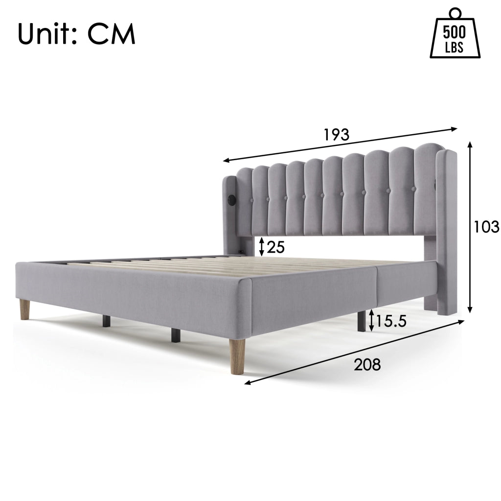 Letto imbottito grigio 180x200 cm con ricarica USB e Type-C