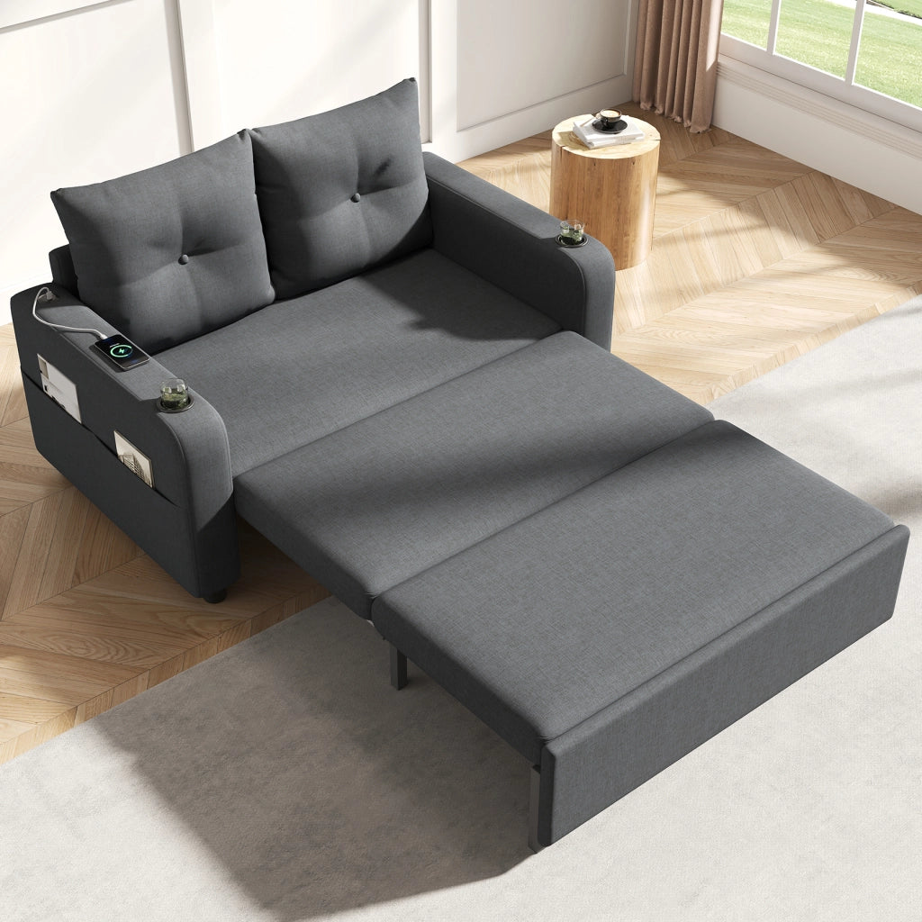 Divano letto 2 posti estraibile in tessuto effetto lino grigio con porte USB Type-C e portabevande 131 × 81 × 94 cm