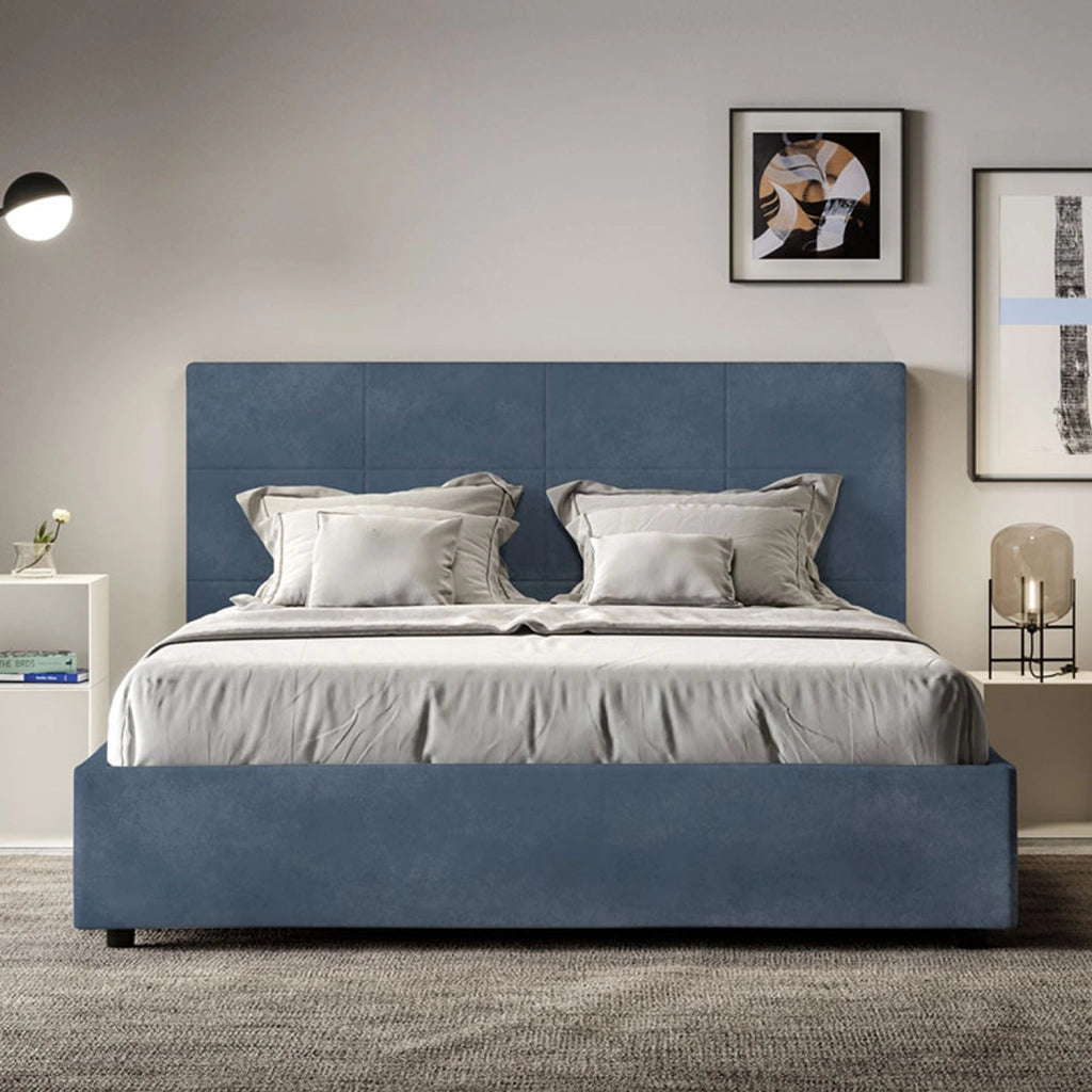 BS COM Letto matrimoniale con rete imbottito 160x200 microfibra blu